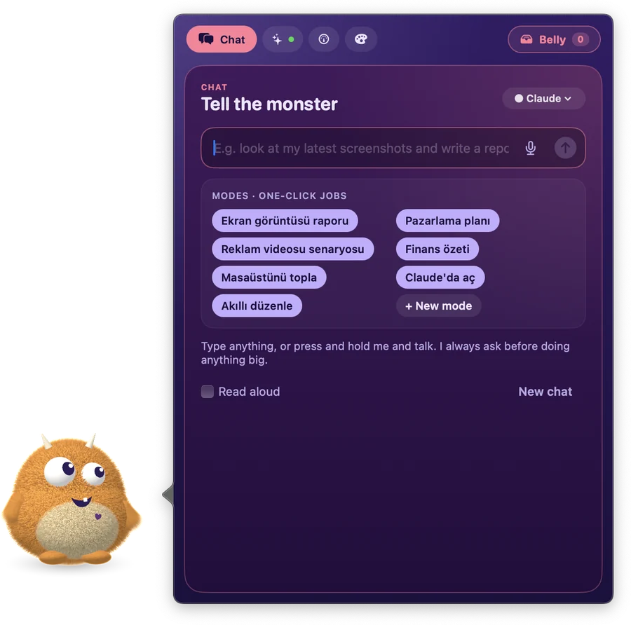 Hugo chat panel with one-click modes