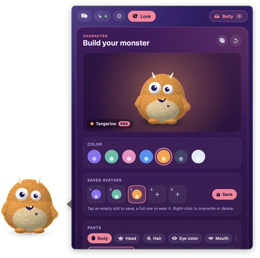 Hugo look panel with colors and saved avatars